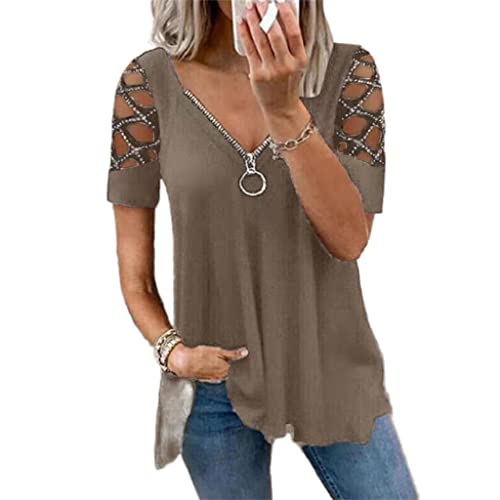 PEOD Damen Cut Out Oberteile Sommer Oversized Kurzarm Schulterfrei Tunika Tops Bluse mit Reißverschluss Tiefer V-Ausschnitt Plissee Lose T Shirts Hemd Übergröße Khaki gr 42 von PEOD