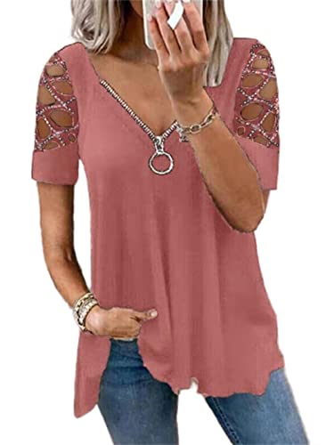 PEOD Damen Cut Out Oberteile Sommer Oversized Kurzarm Schulterfrei Tunika Tops Bluse mit Reißverschluss Tiefer V-Ausschnitt Plissee Lose T Shirts Hemd Übergröße Rosa gr 46 von PEOD