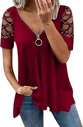 PEOD Damen Cut Out Oberteile Sommer Oversized Kurzarm Schulterfrei Tunika Tops Bluse mit Reißverschluss Tiefer V-Ausschnitt Plissee Lose T Shirts Hemd Übergröße Rot gr 40 von PEOD