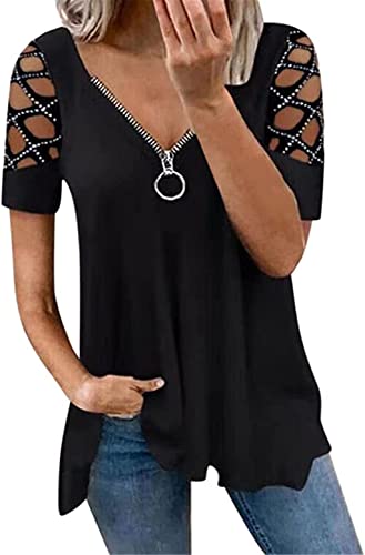 PEOD Damen Cut Out Oberteile Sommer Oversized Kurzarm Schulterfrei Tunika Tops Bluse mit Reißverschluss Tiefer V-Ausschnitt Plissee Lose T Shirts Hemd Übergröße Schwarz gr 42 von PEOD