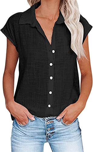 PEOD Damen Elegante Leinen Top T-Shirt mit Knopfleiste Sommer Oversized Kurzarm Reverskragen Lose Leinenhemd Leinenbluse Casual Einfarbig Große Größe Oberteile Shirts gr 34 Schwarz von PEOD