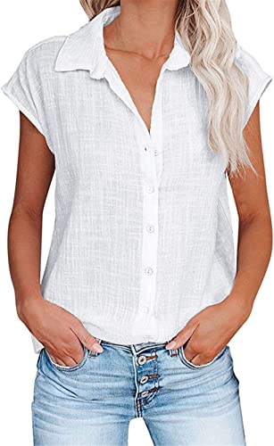 PEOD Damen Elegante Leinen Top T-Shirt mit Knopfleiste Sommer Oversized Kurzarm Reverskragen Lose Leinenhemd Leinenbluse Casual Einfarbig Große Größe Oberteile Shirts gr 38 Weiss von PEOD