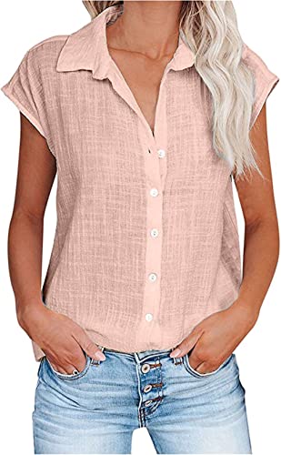 PEOD Damen Elegante Leinen Top T-Shirt mit Knopfleiste Sommer Oversized Kurzarm Reverskragen Lose Leinenhemd Leinenbluse Casual Einfarbig Große Größe Oberteile Shirts gr 42 Rosa von PEOD