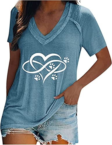 PEOD Damen Herz Drucken Oversized Oberteile Tunika Top Sommer Kurzarm V-Ausschnitt Blumen Muster Elegant T-Shirt Bluse Hemd Plus Size Blau gr 48 von PEOD