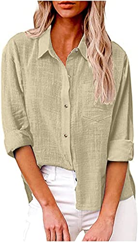 PEOD Damen Leinen Hemd T Shirt mit Knopfleiste Tasche Sommer Oversized Kurzarm Reverskragen Elegant Shirts Bluse Oberteile Einfarbig Basic Unterhemd Top Plus Size Aprikose gr 40 von PEOD