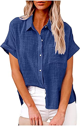 PEOD Damen Leinen Hemd T Shirt mit Knopfleiste Tasche Sommer Oversized Kurzarm Reverskragen Elegant Shirts Bluse Oberteile Einfarbig Basic Unterhemd Top Plus Size Blau gr 38 von PEOD