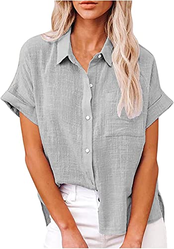 PEOD Damen Leinen Hemd T Shirt mit Knopfleiste Tasche Sommer Oversized Kurzarm Reverskragen Elegant Shirts Bluse Oberteile Einfarbig Basic Unterhemd Top Plus Size Grau gr 38 von PEOD