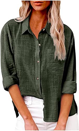 PEOD Damen Leinen Hemd T Shirt mit Knopfleiste Tasche Sommer Oversized Kurzarm Reverskragen Elegant Shirts Bluse Oberteile Einfarbig Basic Unterhemd Top Plus Size Grün gr 38 von PEOD