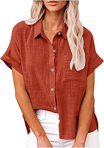 PEOD Damen Leinen Hemd T Shirt mit Knopfleiste Tasche Sommer Oversized Kurzarm Reverskragen Elegant Shirts Bluse Oberteile Einfarbig Basic Unterhemd Top Plus Size Orange gr 44 von PEOD