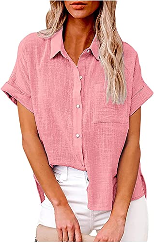 PEOD Damen Leinen Hemd T Shirt mit Knopfleiste Tasche Sommer Oversized Kurzarm Reverskragen Elegant Shirts Bluse Oberteile Einfarbig Basic Unterhemd Top Plus Size Rosa gr 42 von PEOD