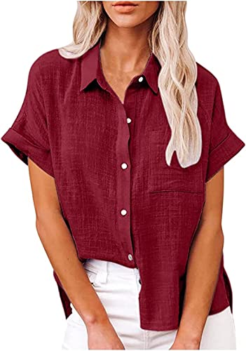 PEOD Damen Leinen Hemd T Shirt mit Knopfleiste Tasche Sommer Oversized Kurzarm Reverskragen Elegant Shirts Bluse Oberteile Einfarbig Basic Unterhemd Top Plus Size Rot gr 44 von PEOD