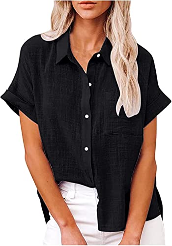 PEOD Damen Leinen Hemd T Shirt mit Knopfleiste Tasche Sommer Oversized Kurzarm Reverskragen Elegant Shirts Bluse Oberteile Einfarbig Basic Unterhemd Top Plus Size Schwarz gr 44 von PEOD