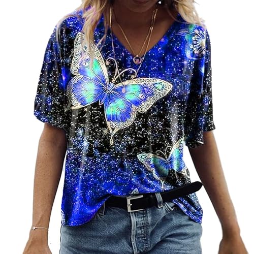 PEOD Damen Oberteile Oversized Schmetterling Blumen Muster Vintage Bluse Tunika Top Streetwear Sommer Kurzarm V-Ausschnitt Große Größe Lose T-Shirt Hemd Blau gr 48 von PEOD