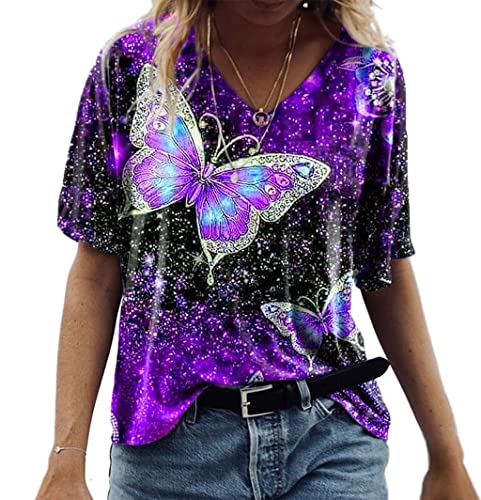 PEOD Damen Oberteile Oversized Schmetterling Blumen Muster Vintage Bluse Tunika Top Streetwear Sommer Kurzarm V-Ausschnitt Große Größe Lose T-Shirt Hemd Lila gr 48 von PEOD