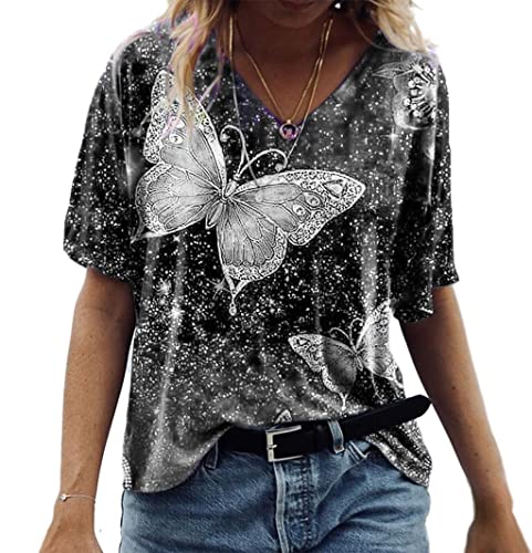 PEOD Damen Oberteile Oversized Schmetterling Blumen Muster Vintage Bluse Tunika Top Streetwear Sommer Kurzarm V-Ausschnitt Große Größe Lose T-Shirt Hemd Schwarz gr 44 von PEOD