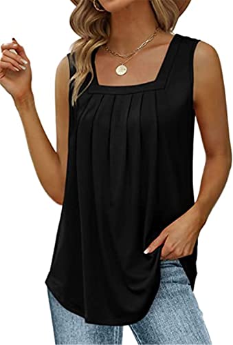 PEOD Damen Oversized Ärmellos U-Ausschnitt Plissee Elegante Tank Top Unterhemd Oberteile Große Größen Einfarbig Falten Locker Sommerhemd Bluse Cami Shirts Leibchen Weste gr 40 Schwarz von PEOD