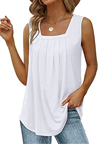 PEOD Damen Oversized Ärmellos U-Ausschnitt Plissee Elegante Tank Top Unterhemd Oberteile Große Größen Einfarbig Falten Locker Sommerhemd Bluse Cami Shirts Leibchen Weste gr 40 Weiss von PEOD