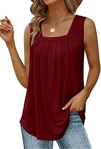 PEOD Damen Oversized Ärmellos U-Ausschnitt Plissee Elegante Tank Top Unterhemd Oberteile Große Größen Einfarbig Falten Locker Sommerhemd Bluse Cami Shirts Leibchen Weste gr 42 Rot von PEOD