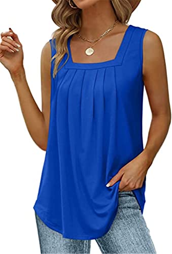 PEOD Damen Oversized Ärmellos U-Ausschnitt Plissee Elegante Tank Top Unterhemd Oberteile Große Größen Einfarbig Falten Locker Sommerhemd Bluse Cami Shirts Leibchen Weste gr 46 Blau von PEOD