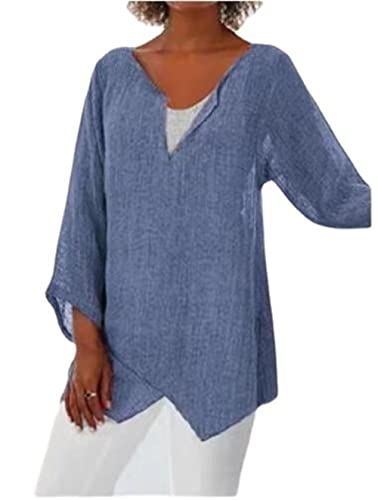 PEOD Damen Oversized Leinen Hemd Tunika Top Sommer Langarm V-Ausschnitt Elegant Mollige Oberteile Bluse Große Größe Einfarbig Asymmetrisch Langarmshirts Unterhemd Plus Size Blau gr 44 von PEOD