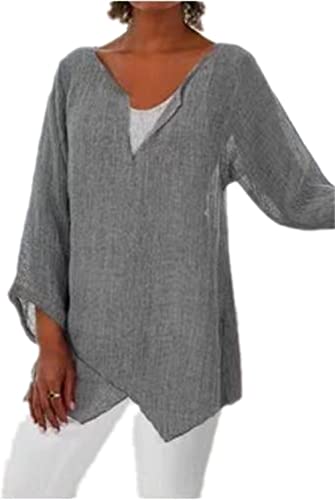 PEOD Damen Oversized Leinen Hemd Tunika Top Sommer Langarm V-Ausschnitt Elegant Mollige Oberteile Bluse Große Größe Einfarbig Asymmetrisch Langarmshirts Unterhemd Plus Size Grau gr 40 von PEOD