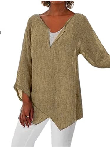 PEOD Damen Oversized Leinen Hemd Tunika Top Sommer Langarm V-Ausschnitt Elegant Mollige Oberteile Bluse Große Größe Einfarbig Asymmetrisch Langarmshirts Unterhemd Plus Size Khaki gr 40 von PEOD