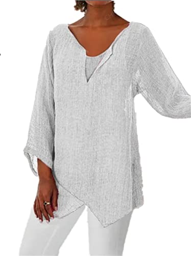 PEOD Damen Oversized Leinen Hemd Tunika Top Sommer Langarm V-Ausschnitt Elegant Mollige Oberteile Bluse Große Größe Einfarbig Asymmetrisch Langarmshirts Unterhemd Plus Size Weiss gr 42 von PEOD