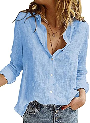 PEOD Damen Oversized Leinenhemd Leinen T-Shirt Oberteile mit Knopfleiste Langarm Reverskragen Einfarbig Elegante Locker Bluse Tops Frühling Sommer Langarmhemd Langarmshirts gr 44 Blau von PEOD