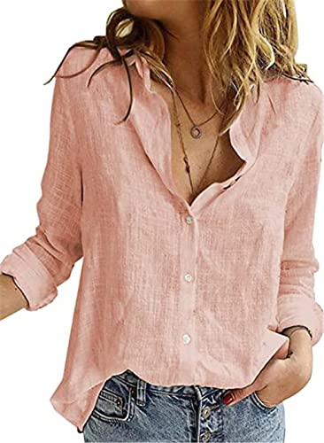 PEOD Damen Oversized Leinenhemd Leinen T-Shirt Oberteile mit Knopfleiste Langarm Reverskragen Einfarbig Elegante Locker Bluse Tops Frühling Sommer Langarmhemd Langarmshirts gr 46 Rosa von PEOD