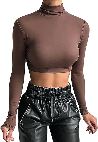 PEOD Damen Sexy Crop Top Pullover Langarm Rollkragen Slim Fit Oberteile Kurz Shirt Casual Einfarbig Turtleneck Skinny Langarmhemd Langarmshirt Rollkragenpullover Sweatshirt Größe 36 von PEOD