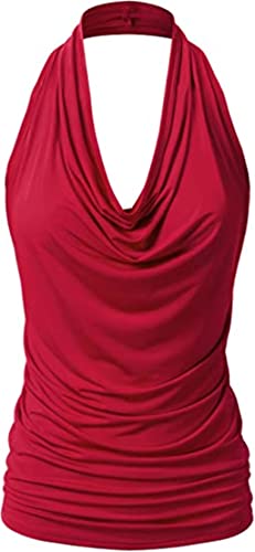 PEOD Damen Sexy Tank Top Wasserfallausschnitt Rückenfrei Unterhemd Oberteile Sommer Ärmellos Einfarbig Plissee Locker T-Shirts Bluse Weste Leibchen gr 34 Rot von PEOD