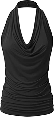 PEOD Damen Sexy Tank Top Wasserfallausschnitt Rückenfrei Unterhemd Oberteile Sommer Ärmellos Einfarbig Plissee Locker T-Shirts Bluse Weste Leibchen gr 34 Schwarz von PEOD