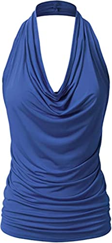 PEOD Damen Sexy Tank Top Wasserfallausschnitt Rückenfrei Unterhemd Oberteile Sommer Ärmellos Einfarbig Plissee Locker T-Shirts Bluse Weste Leibchen gr 38 Blau von PEOD