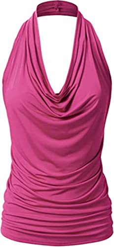 PEOD Damen Sexy Tank Top Wasserfallausschnitt Rückenfrei Unterhemd Oberteile Sommer Ärmellos Einfarbig Plissee Locker T-Shirts Bluse Weste Leibchen gr 38 Rosenrot von PEOD