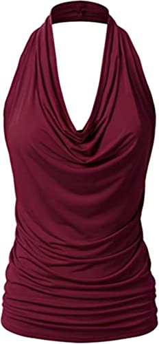 PEOD Damen Sexy Tank Top Wasserfallausschnitt Rückenfrei Unterhemd Oberteile Sommer Ärmellos Einfarbig Plissee Locker T-Shirts Bluse Weste Leibchen gr 38 Weinrot von PEOD