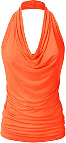 PEOD Damen Sexy Tank Top Wasserfallausschnitt Rückenfrei Unterhemd Oberteile Sommer Ärmellos Einfarbig Plissee Locker T-Shirts Bluse Weste Leibchen gr 40 Orange von PEOD