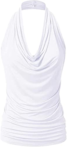 PEOD Damen Sexy Tank Top Wasserfallausschnitt Rückenfrei Unterhemd Oberteile Sommer Ärmellos Einfarbig Plissee Locker T-Shirts Bluse Weste Leibchen gr 40 Weiss von PEOD