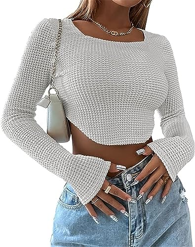 PEOD Damen Sexy Y2K Crop Pullover Top Kurz Strick Shirt Herbst Winter Langarm Rundhals Strickhemd Pulli Oberteile Langarmshirt Strickpullover Größe 38 von PEOD