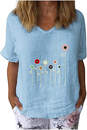 PEOD Damen T-Shirt Löwenzahn Muster Oberteile Sommer Kurzarm V-Ausschnitt Pusteblume Elegant Bluse Tunika Top Oversized Dandelion Drucken Lose Shirts Hemd Übergröße Blau gr 44 von PEOD