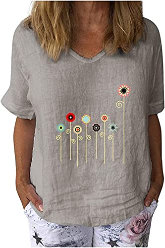 PEOD Damen T-Shirt Löwenzahn Muster Oberteile Sommer Kurzarm V-Ausschnitt Pusteblume Elegant Bluse Tunika Top Oversized Dandelion Drucken Lose Shirts Hemd Übergröße Grau gr 42 von PEOD