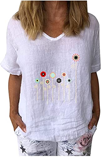 PEOD Damen T-Shirt Löwenzahn Muster Oberteile Sommer Kurzarm V-Ausschnitt Pusteblume Elegant Bluse Tunika Top Oversized Dandelion Drucken Lose Shirts Hemd Übergröße Weiss gr 42 von PEOD