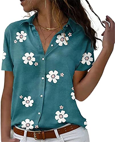 PEOD Shirts Damen Elegante Blumenmuster Bluse Oberteile mit Knopfleiste Sommer Kurzarm Reverskragen Oversize Lose T-Shirt Tops Tunikahemd Blau gr 3XL von PEOD