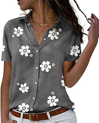 PEOD Shirts Damen Elegante Blumenmuster Bluse Oberteile mit Knopfleiste Sommer Kurzarm Reverskragen Oversize Lose T-Shirt Tops Tunikahemd Grau gr L von PEOD