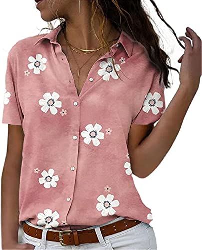 PEOD Shirts Damen Elegante Blumenmuster Bluse Oberteile mit Knopfleiste Sommer Kurzarm Reverskragen Oversize Lose T-Shirt Tops Tunikahemd Rosa gr 4XL von PEOD