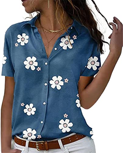 PEOD Shirts Damen Elegante Blumenmuster Bluse Oberteile mit Knopfleiste Sommer Kurzarm Reverskragen Oversize Lose T-Shirt Tops Tunikahemd Schwarz gr XXL von PEOD