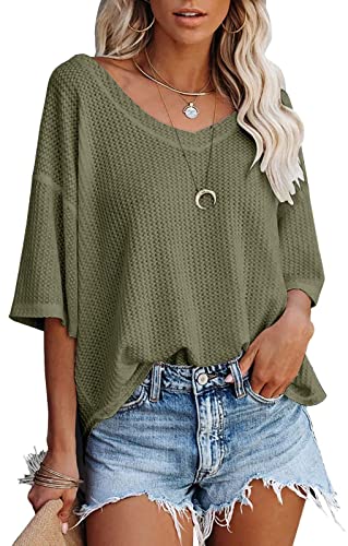 PEOD Strickhemd Damen Kurzarm Elegante Oberteile Oversize Fledermausärmel Strick Tops Bluse Sommer V-Ausschnitt Einfarbig Lose Tunikahemd Blusentops T-Shirts Grün gr 38 von PEOD