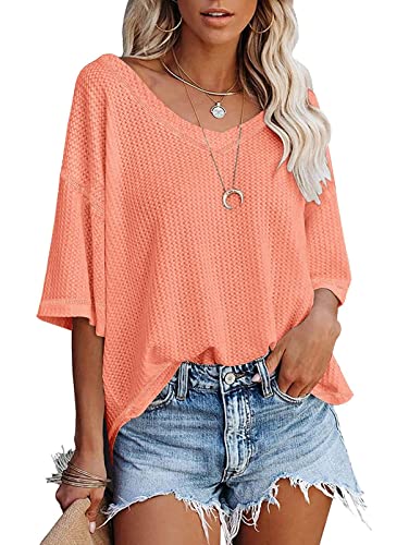 PEOD Strickhemd Damen Kurzarm Elegante Oberteile Oversize Fledermausärmel Strick Tops Bluse Sommer V-Ausschnitt Einfarbig Lose Tunikahemd Blusentops T-Shirts Orange gr 36 von PEOD