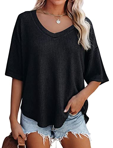 PEOD Strickhemd Damen Kurzarm Elegante Oberteile Oversize Fledermausärmel Strick Tops Bluse Sommer V-Ausschnitt Einfarbig Lose Tunikahemd Blusentops T-Shirts Schwarz gr 40 von PEOD