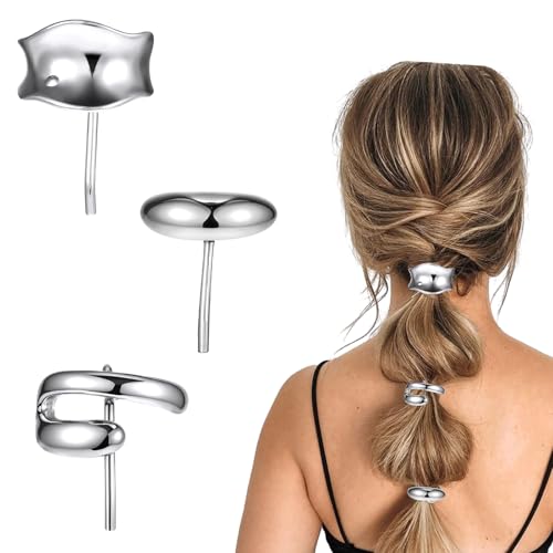 3 Stück Metall Haar Manschette,Silber Haarspange,Pferdeschwanz Halter Haarnadel,Manschette Metall Haargummis Punk Haar Halter Silber Ponytail Cuff für Feines Haar Zubehör für Frauen von PEOVLVN