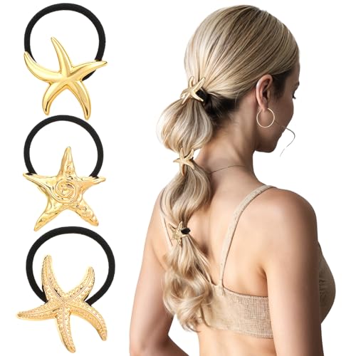 3 Stück Gold Metall Haarband Haarmanschette für Pferdeschwanz Seesternen Haargummi Gold Hair Cuff Gummiband Damen Seestern Haarspange für Frauen Mädchen Party Geburtstag von PEOVLVN